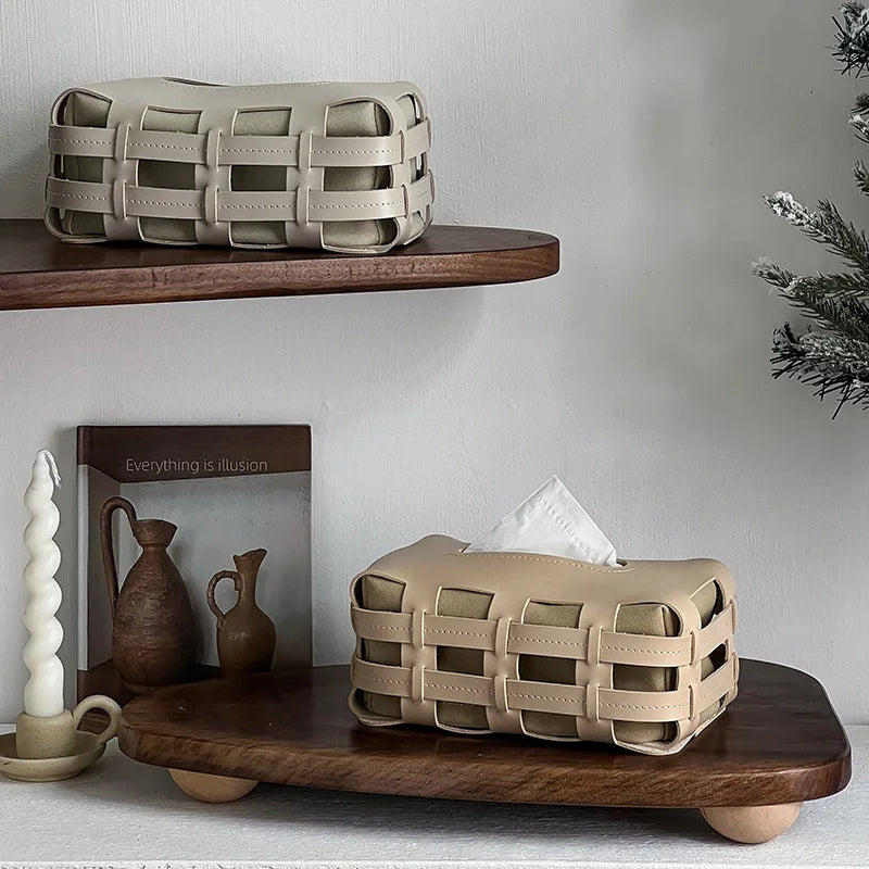 Creative Pure Hand-woven Leather Tissue Box Household Nordic Light Luxury Double Plaid Woven Tissue Box Desktop Napkin Organizer